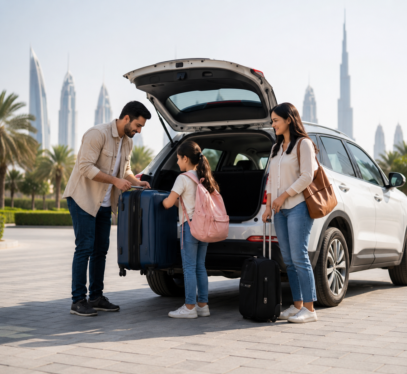 Family loading luggage into car for back to school
